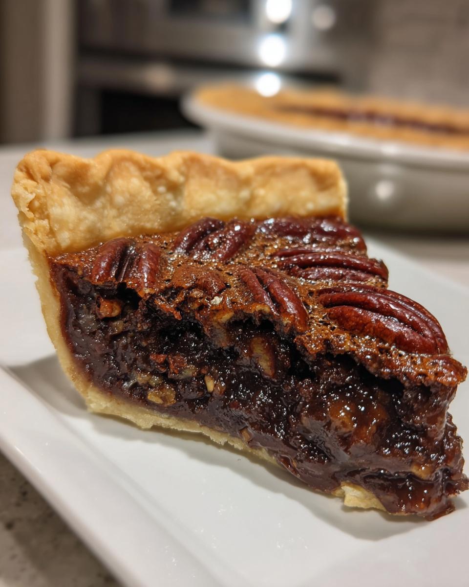 Close-up of a rich slice of chocolate pecan pie showing gooey filling and whole pecans on top.