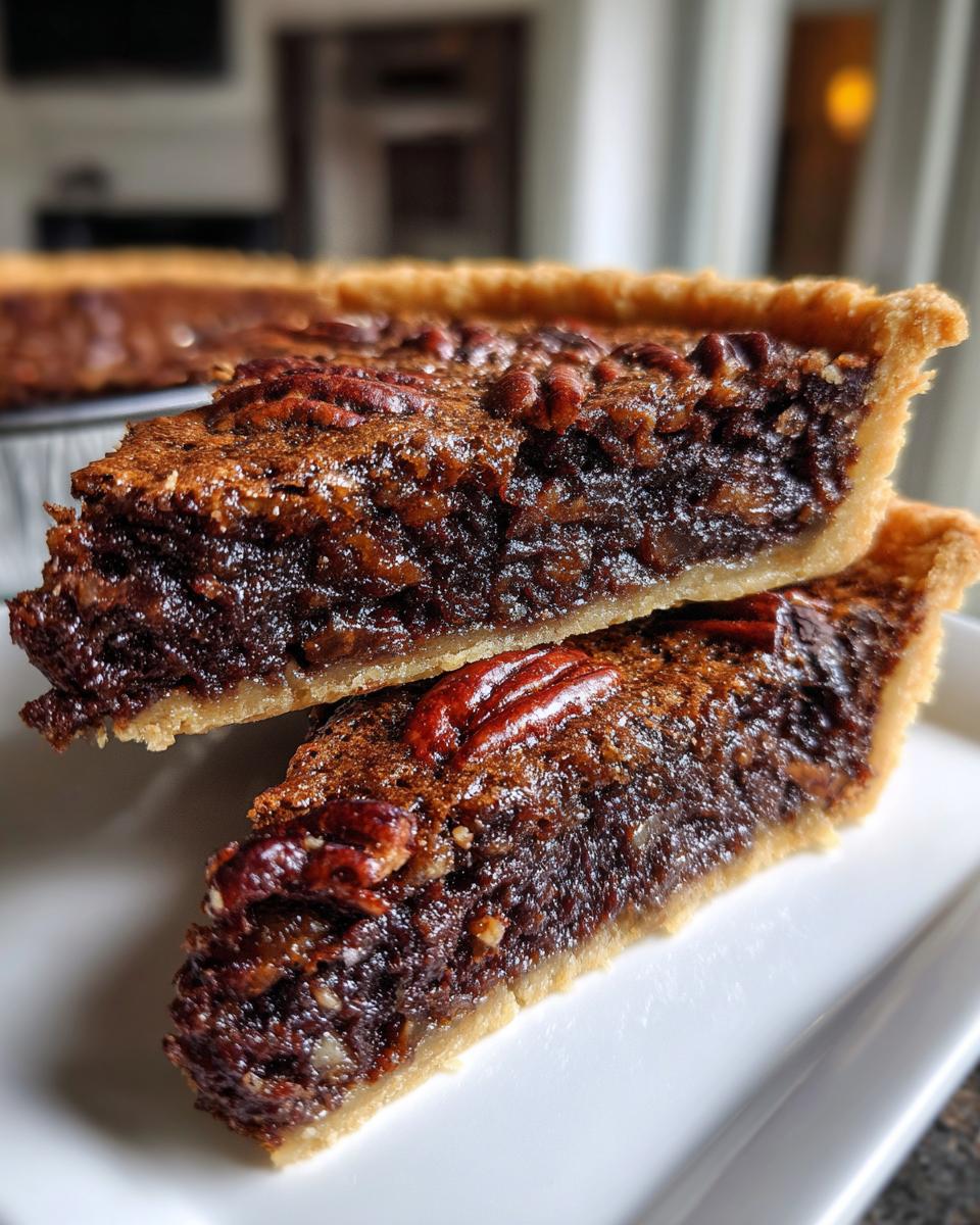 Two thick slices of rich chocolate pecan pie stacked on a white plate, showing the gooey filling and pecan topping.
