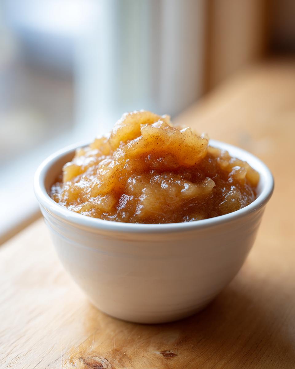 Close-up of chunky homemade applesauce, spiced with cinnamon, served in a small white bowl.