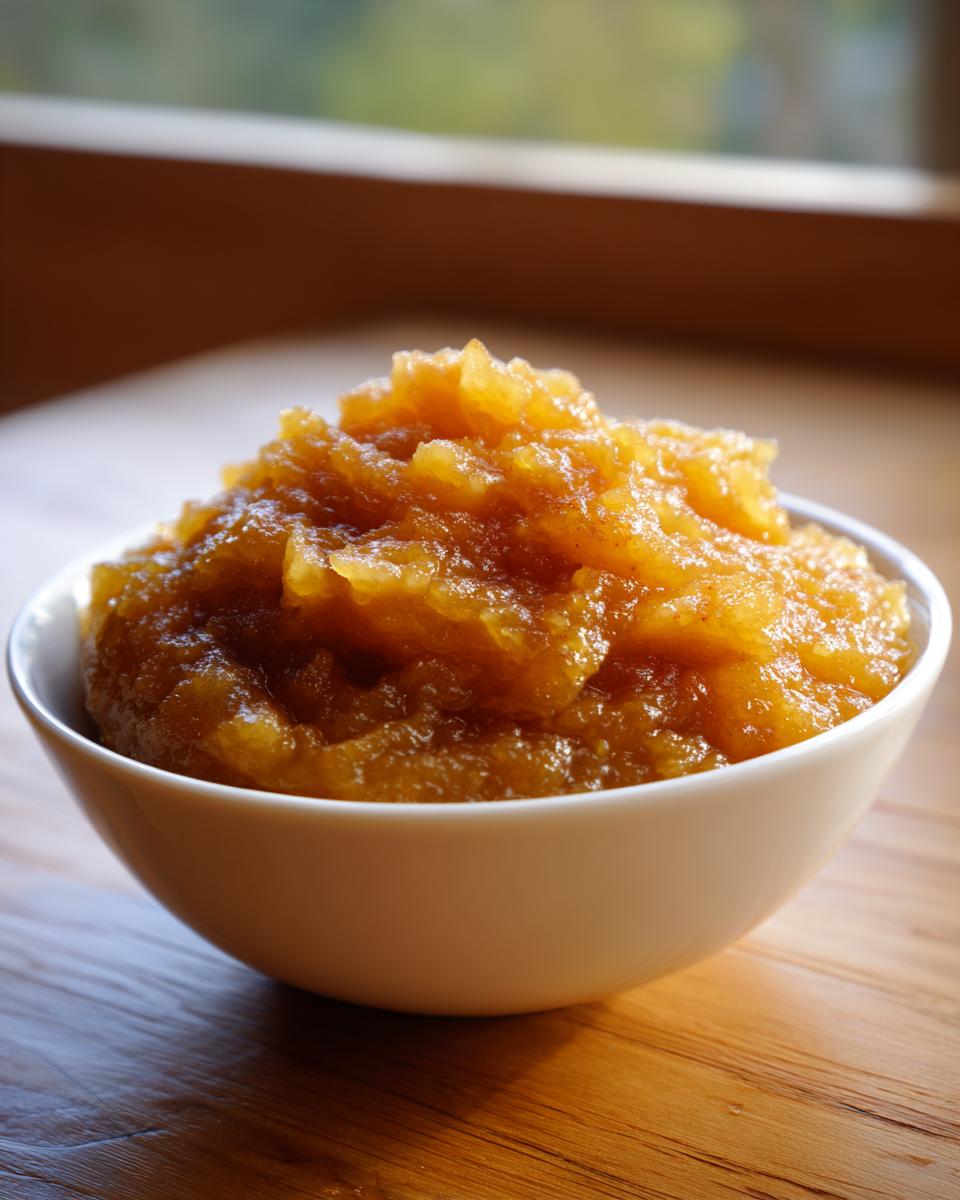 Close-up of chunky, spiced applesauce piled high in a small white bowl on a wooden surface.