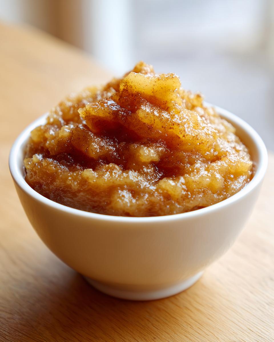 Close-up of chunky, spiced applesauce in a small white bowl on a wooden surface.