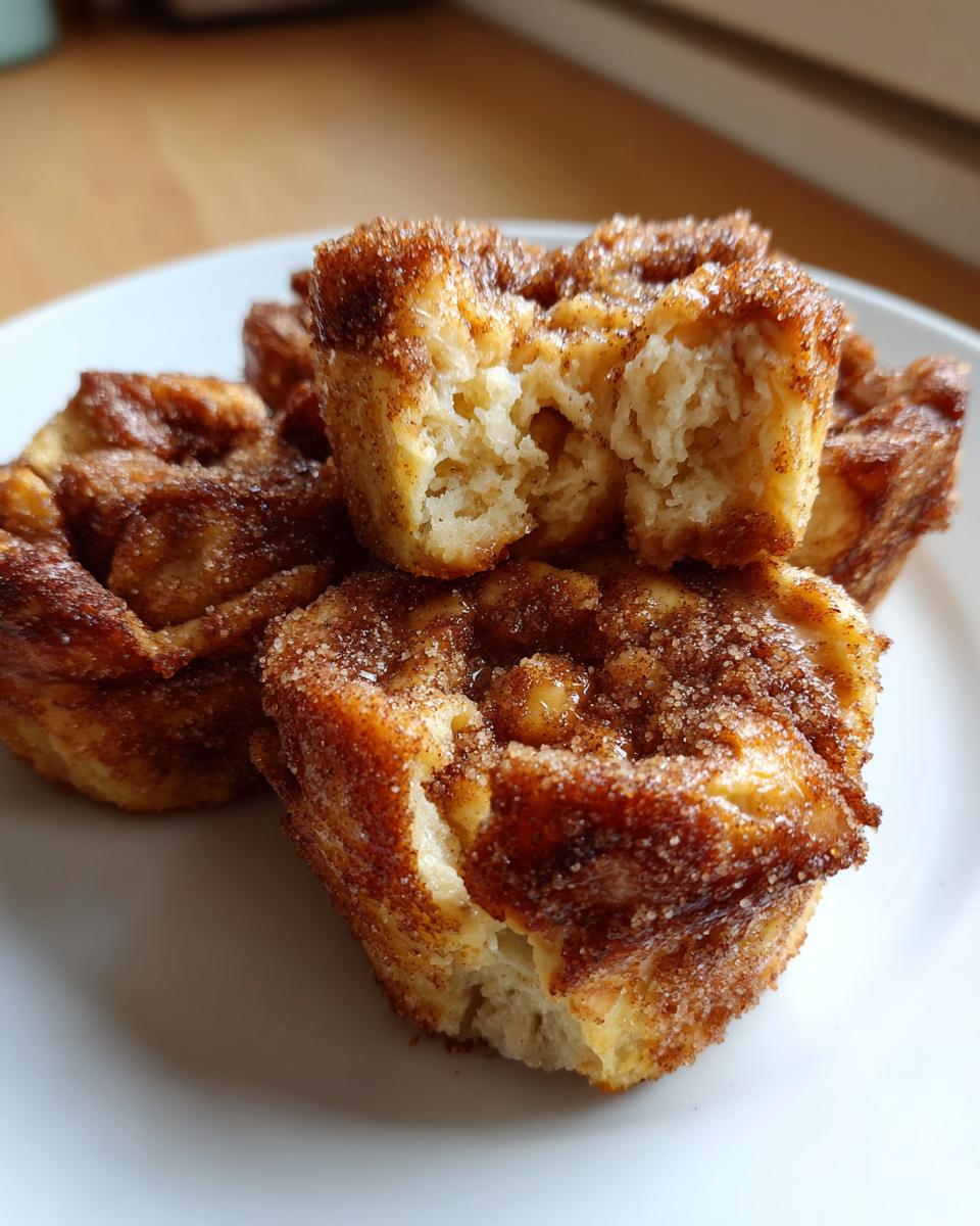 Close-up of several golden brown french toast muffins coated in cinnamon sugar, one is broken open.