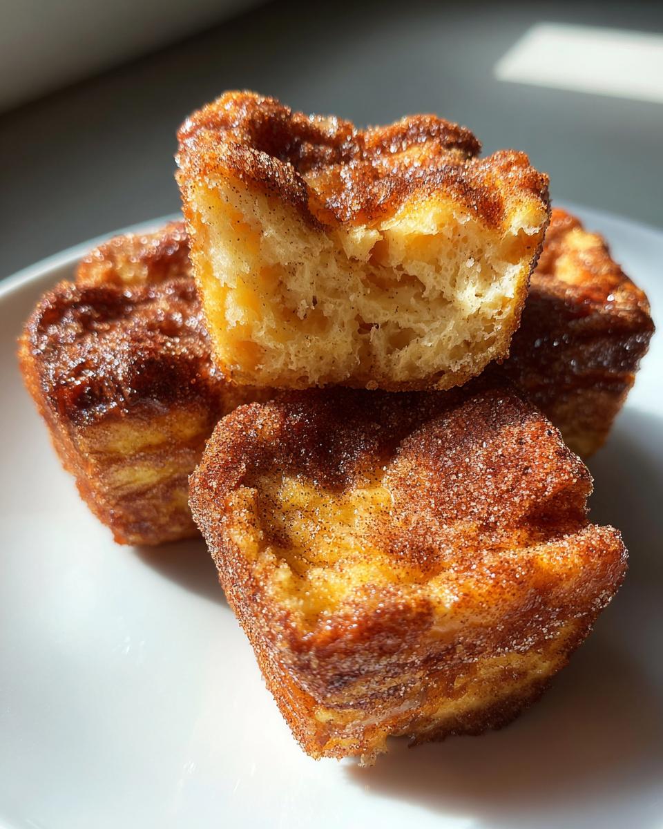 Three golden french toast muffins stacked, coated heavily in cinnamon sugar, with one broken open.