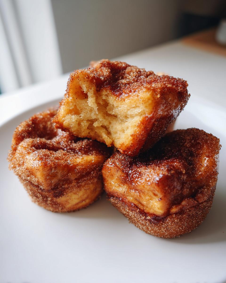 Three golden brown french toast muffins coated in cinnamon sugar, one is broken open showing the soft interior.