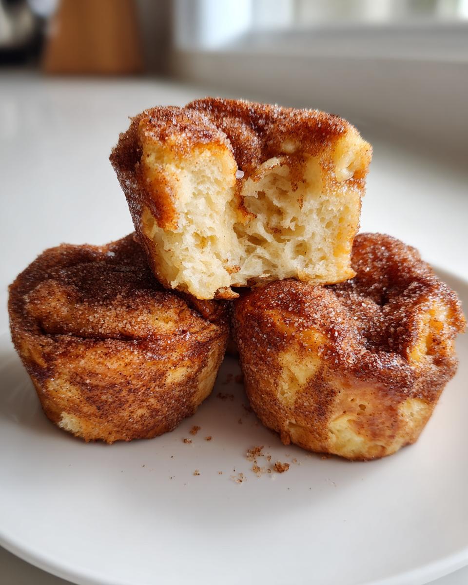 Three golden brown french toast muffins stacked, one broken open to show the fluffy interior coated in cinnamon sugar.