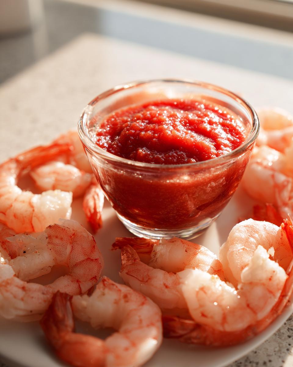 Plump, cooked shrimp arranged around a small glass bowl of bright red cocktail sauce for shrimp cocktail.