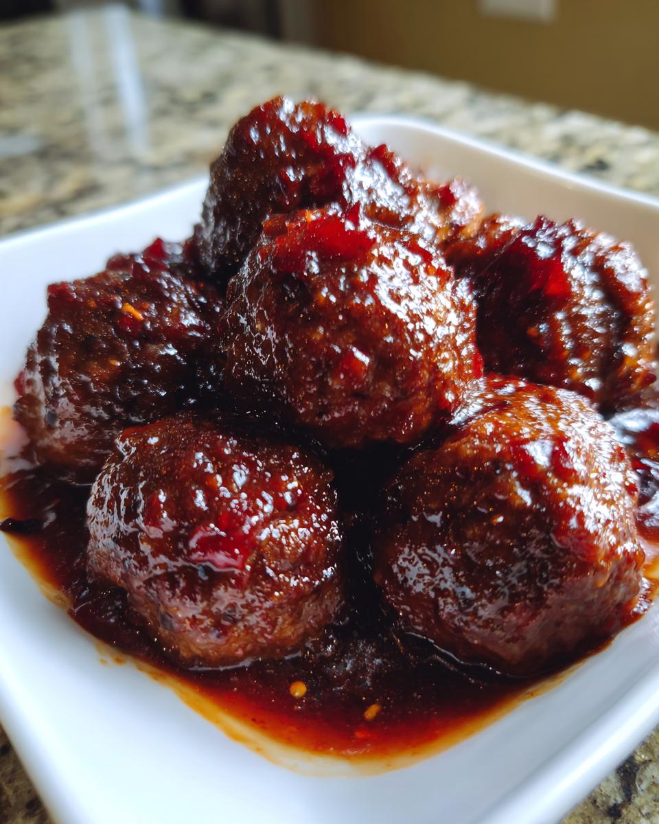 A close-up of several shiny, dark red cranberry meatballs coated in a thick, glossy sauce served in a white dish.