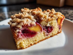 A close-up slice of moist plum cake featuring rich purple plum pieces and a thick, golden streusel topping.