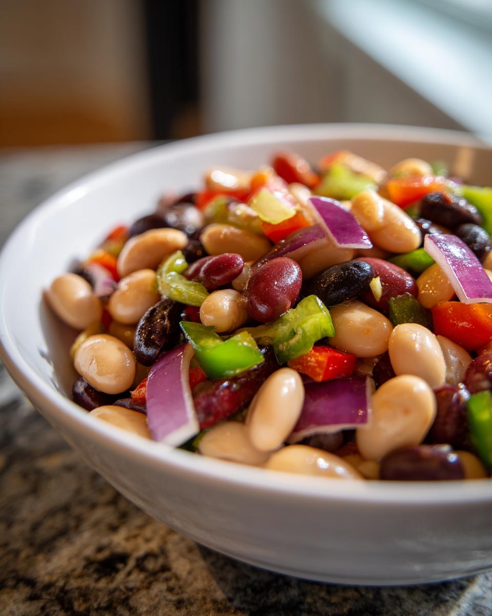 Close-up of a vibrant, colorful bean salad featuring white, kidney, and black beans mixed with red onion, green pepper, and red pepper.