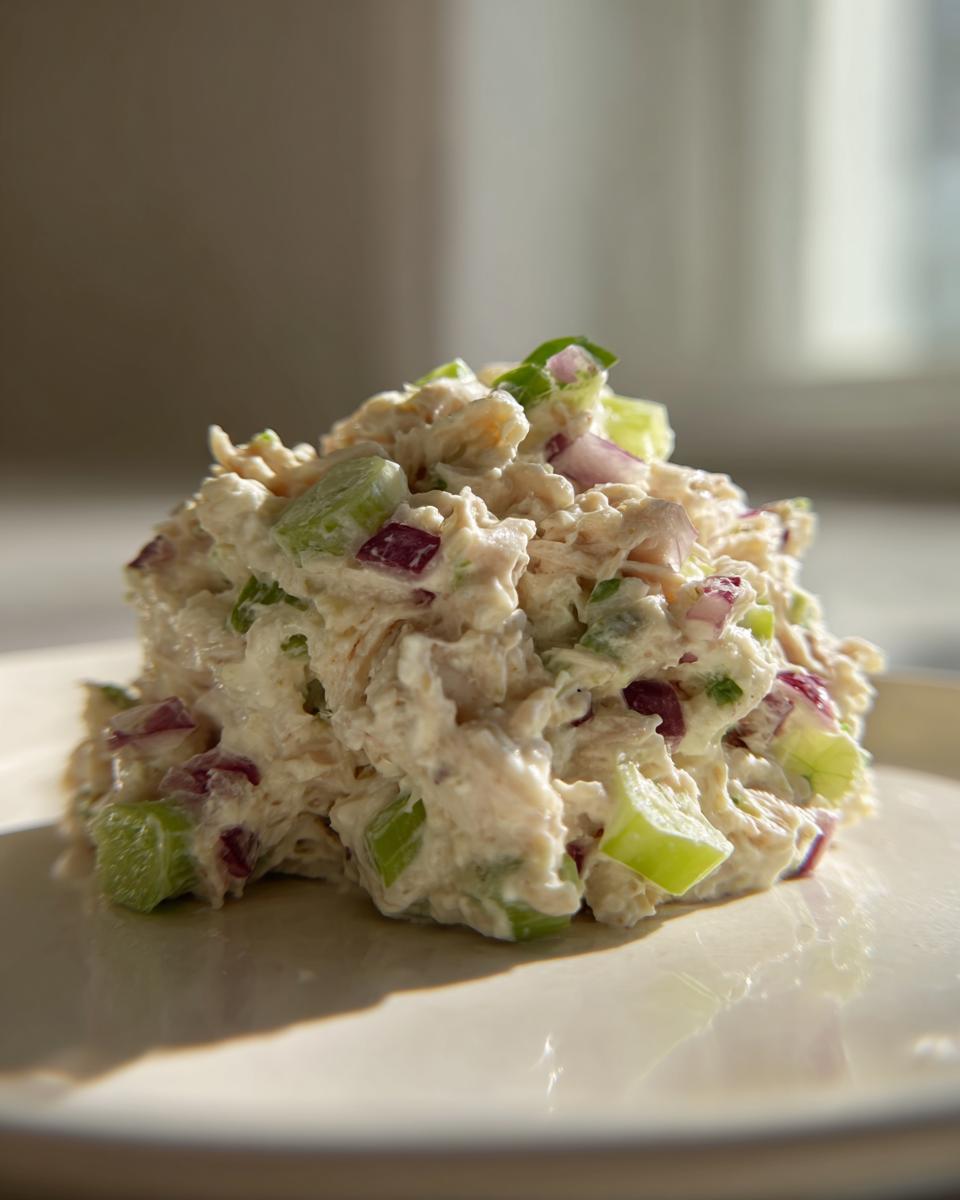 A scoop of creamy cottage cheese chicken salad mixed with visible chunks of green celery and red onion on a light plate.