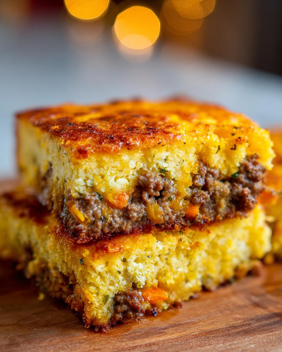 Close-up of two stacked slices of cowboy cornbread casserole showing the golden crust and savory ground meat filling.
