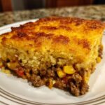 A close-up slice of cowboy cornbread casserole showing a thick, golden cornbread top over a savory filling of ground beef and corn.