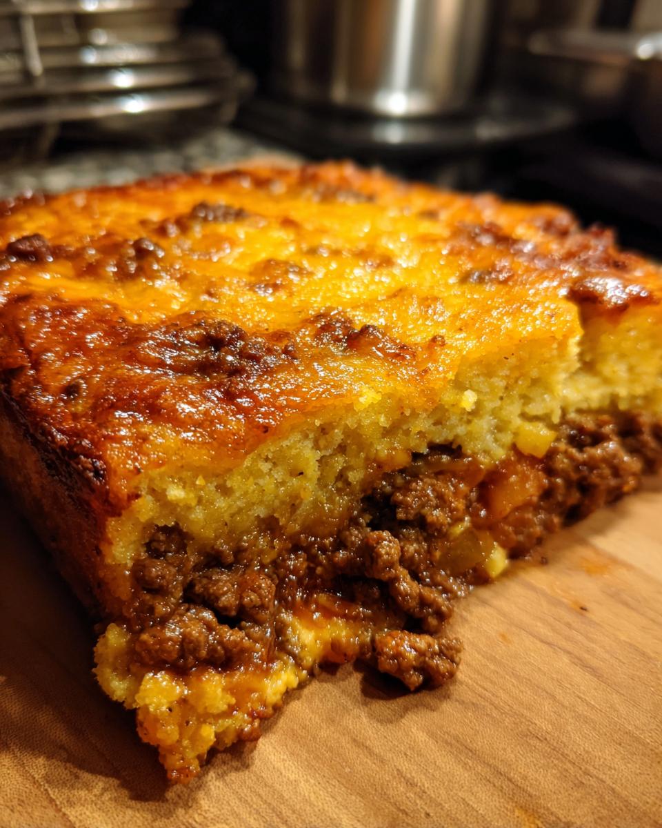 A close-up cross-section of cowboy cornbread casserole showing the golden, baked cornbread top layer over a savory ground beef filling.