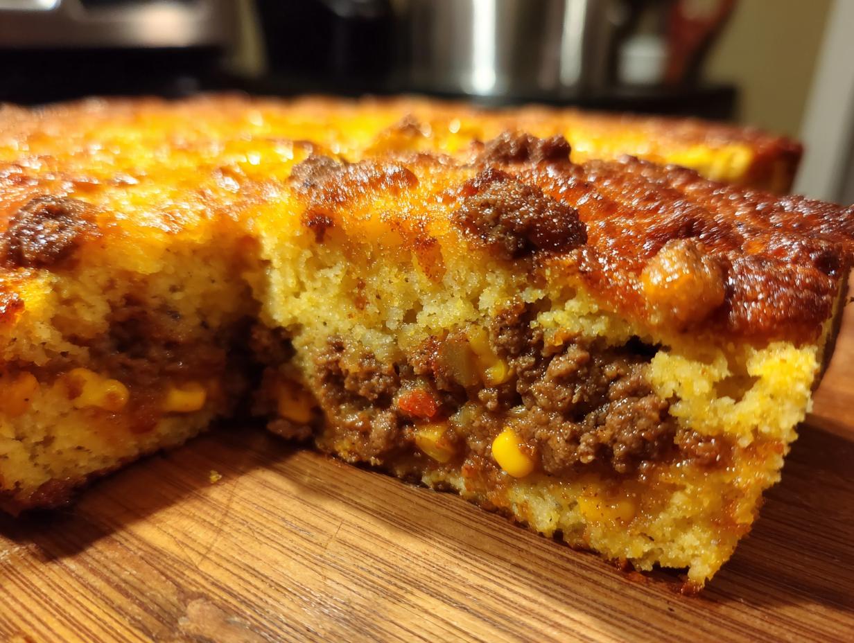 Close-up slice showing the layers of the cowboy cornbread casserole with savory ground beef filling and corn.