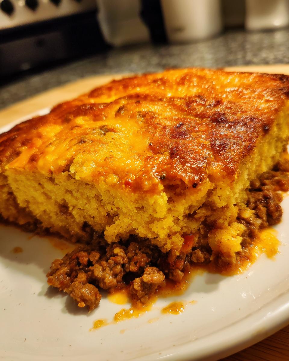 A close-up of a slice of golden cowboy cornbread casserole resting on a layer of savory ground meat filling on a white plate.