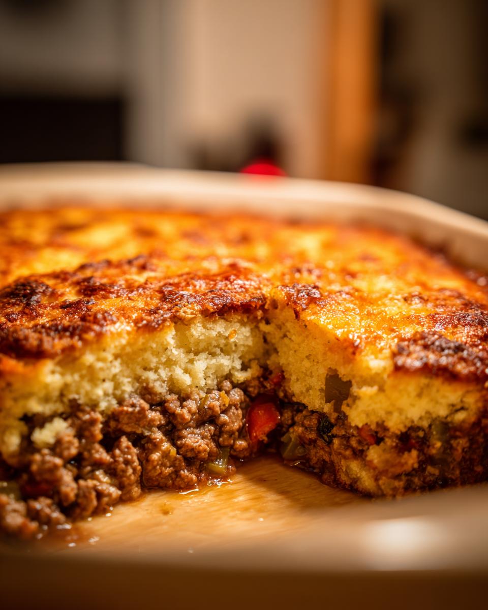 A close-up view of a cowboy cornbread casserole with a serving removed, showing the thick cornbread top and savory ground beef filling.