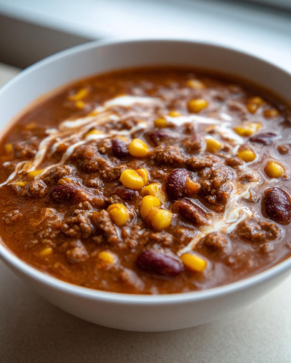 Close-up of a rich bowl of cowboy soup, featuring ground meat, kidney beans, corn, and a swirl of cream.
