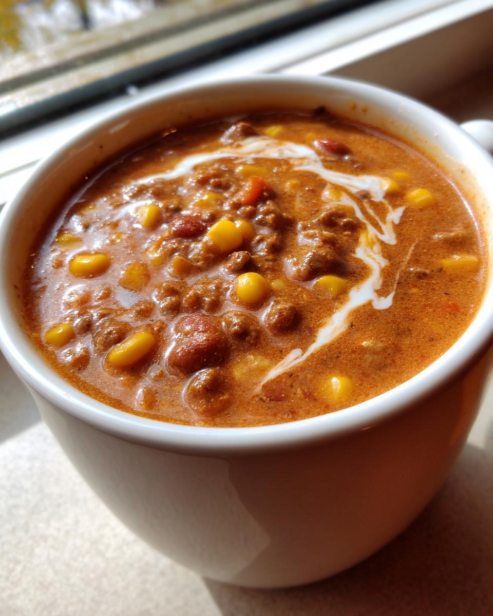 Close-up of a steaming bowl of rich cowboy soup, featuring ground meat, corn, and beans, topped with a swirl of cream.