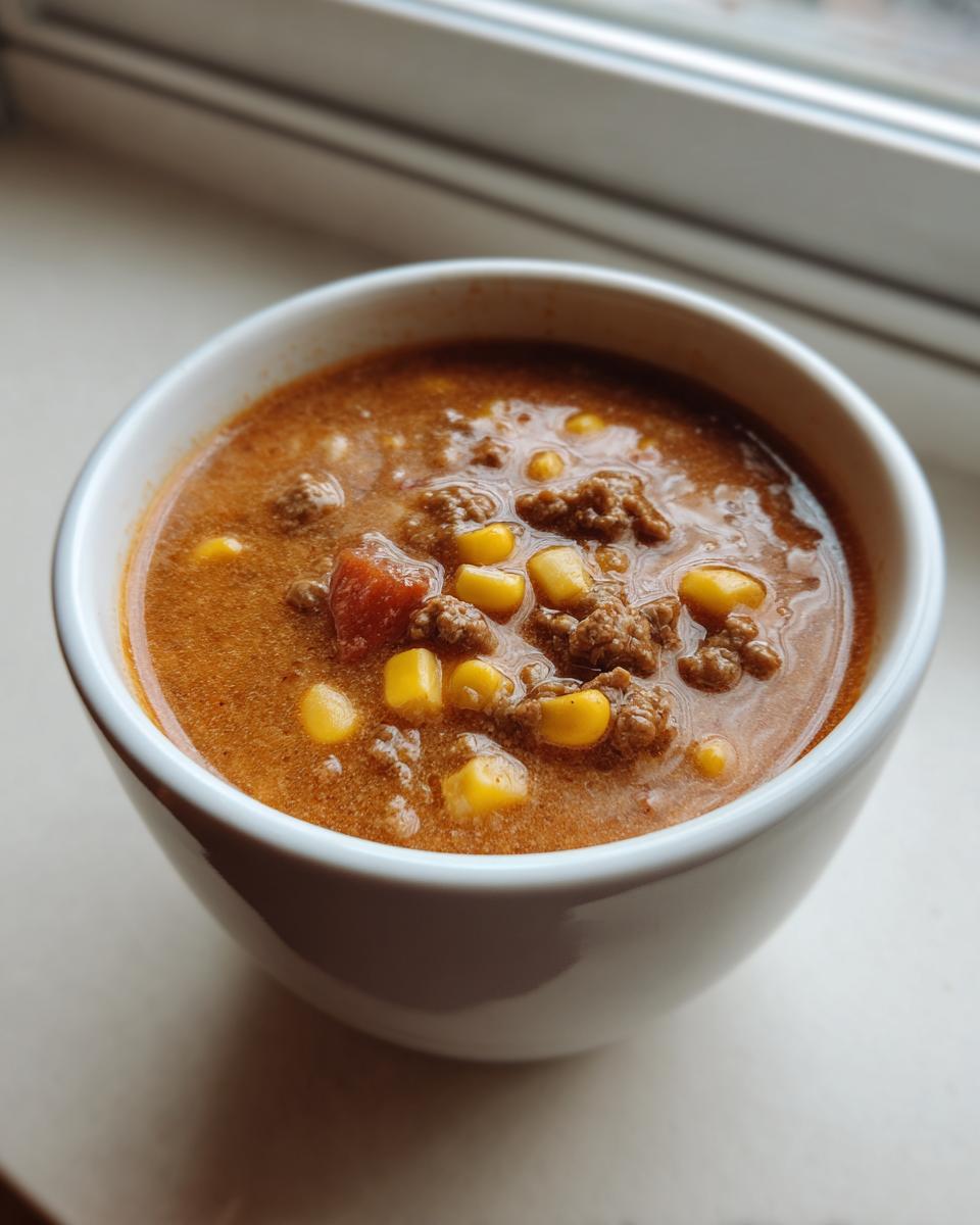 Close-up of a white bowl filled with rich, savory cowboy soup featuring ground beef, corn kernels, and tomatoes.