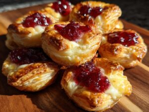 A close-up of several golden, flaky cranberry brie bites stacked on a dark wooden cutting board.