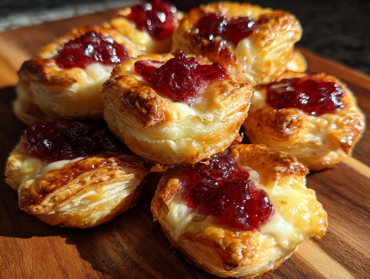 A close-up of several golden, flaky cranberry brie bites stacked on a dark wooden cutting board.
