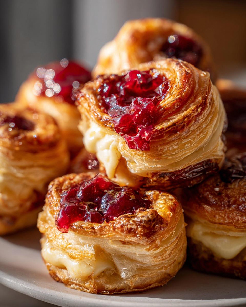 Close-up of flaky puff pastry cranberry brie bites stacked, showing melted brie cheese and bright red cranberry topping.