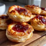 Close-up of golden, flaky cranberry brie bites stacked on a wooden board, showing melted cranberry topping.