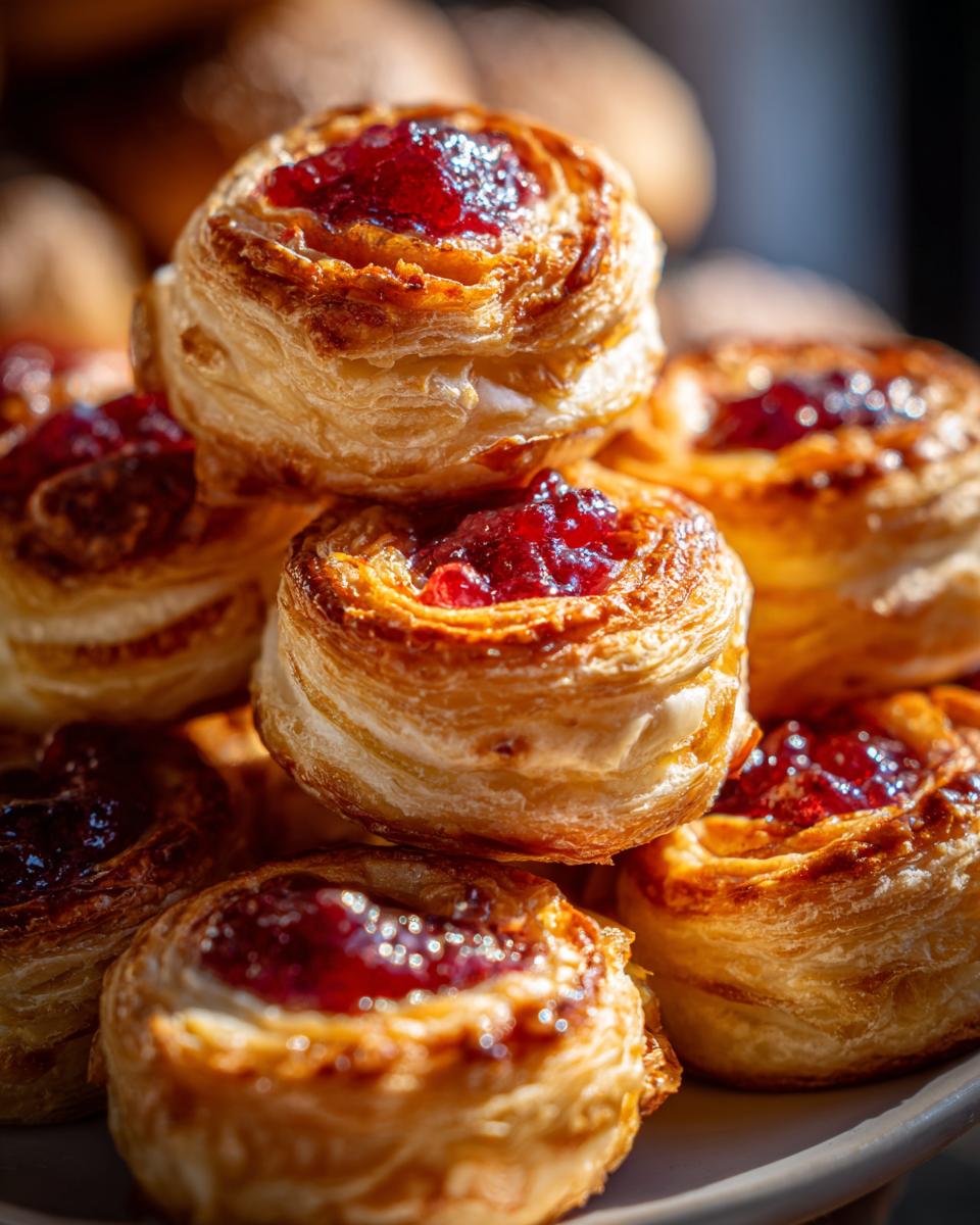 Close-up of flaky, golden puff pastry cranberry brie bites stacked high with glistening red cranberry topping.