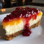 A close-up of a slice of cranberry orange cheesecake showing the graham cracker crust, creamy filling, and bright cranberry topping.