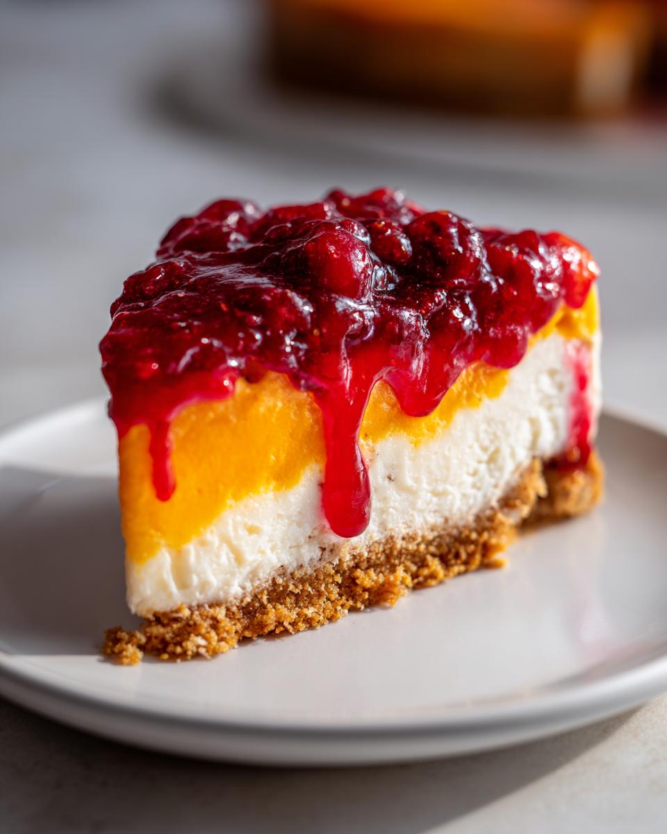 A close-up slice of cranberry orange cheesecake featuring a graham cracker crust, white layer, orange layer, and bright cranberry topping.