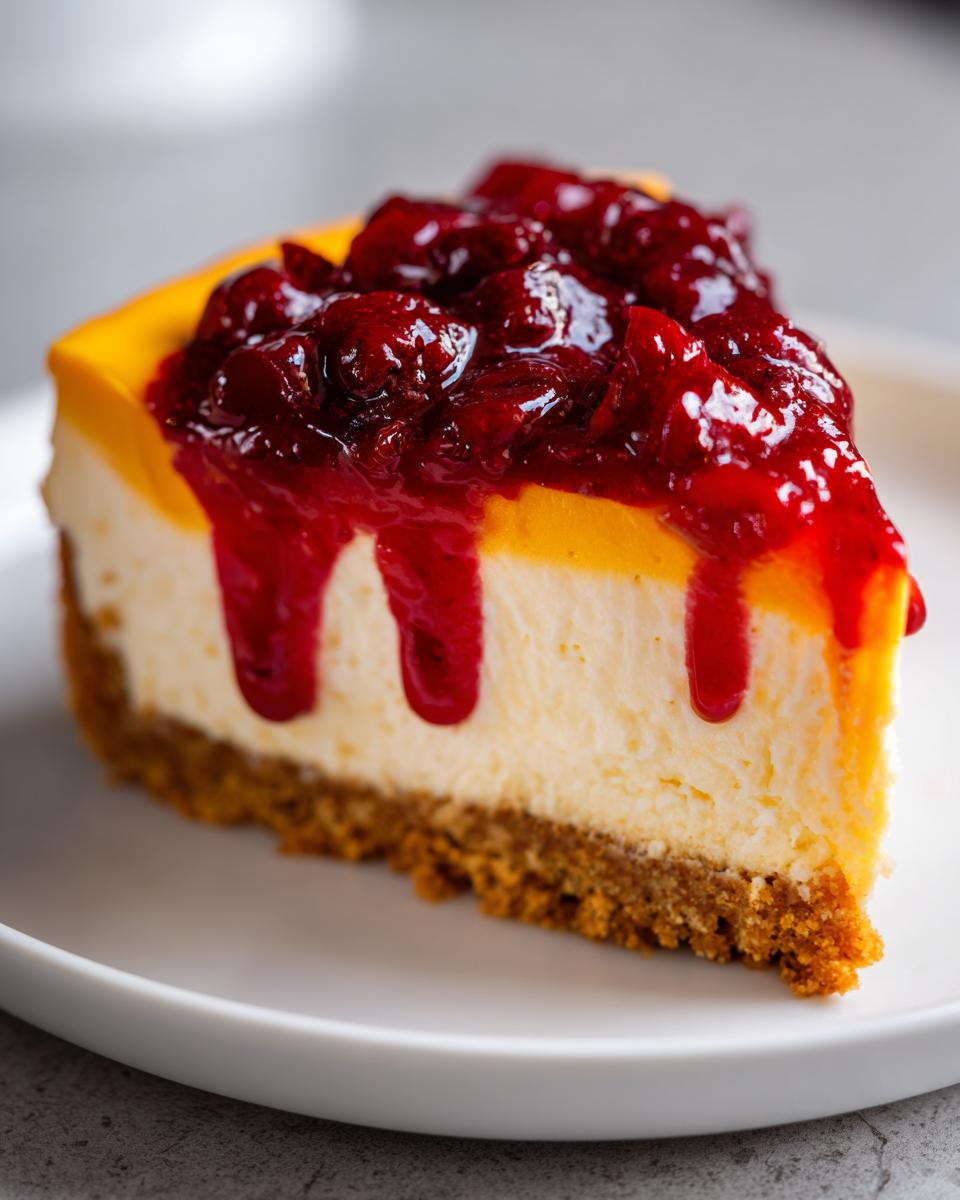A close-up of a slice of creamy cranberry orange cheesecake topped with rich, dark red cranberry sauce.