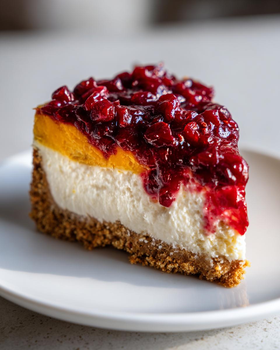 Close-up of a thick slice of cranberry orange cheesecake with a graham cracker crust and bright red cranberry topping.