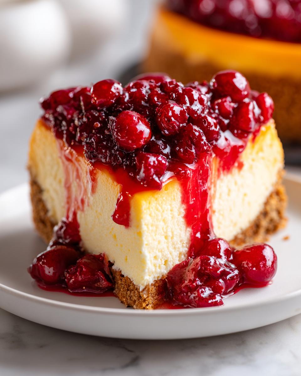 Close-up of a thick slice of creamy cranberry orange cheesecake with a graham cracker crust and rich cranberry topping.