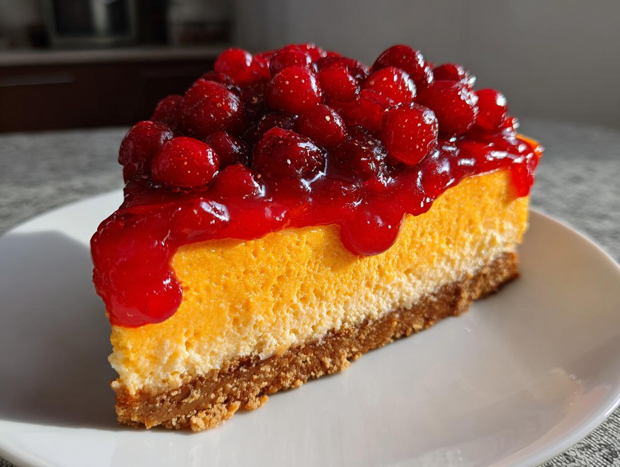 A perfect slice of cranberry orange cheesecake featuring a graham cracker crust, creamy filling, and vibrant cranberry topping.