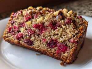 A close-up view of a moist slice of cranberry walnut bread, showing bright red cranberries and walnuts throughout the crumb.