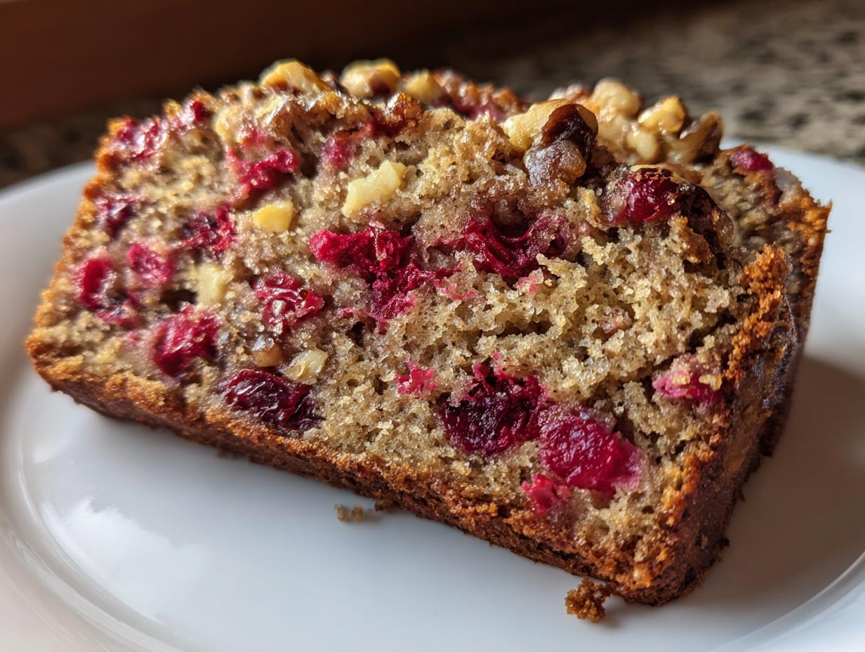 A close-up view of a moist slice of cranberry walnut bread, showing bright red cranberries and walnuts throughout the crumb.