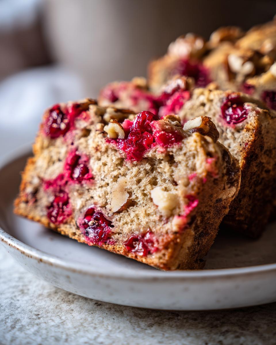 Close-up of moist slices of cranberry walnut bread showing bright red cranberries and chopped walnuts throughout the loaf.