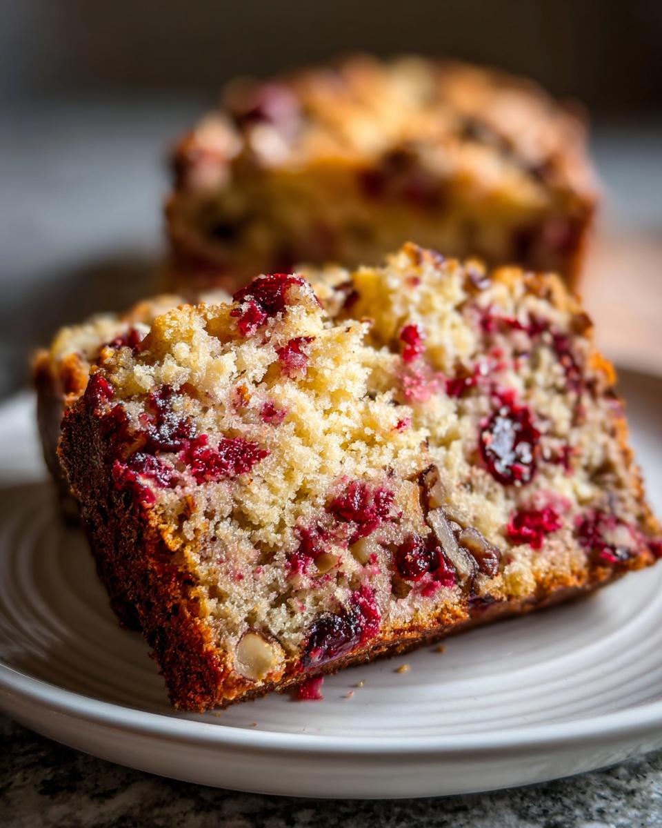 Two thick slices of moist cranberry walnut bread showing bright red cranberries and chopped walnuts baked into the golden crumb.