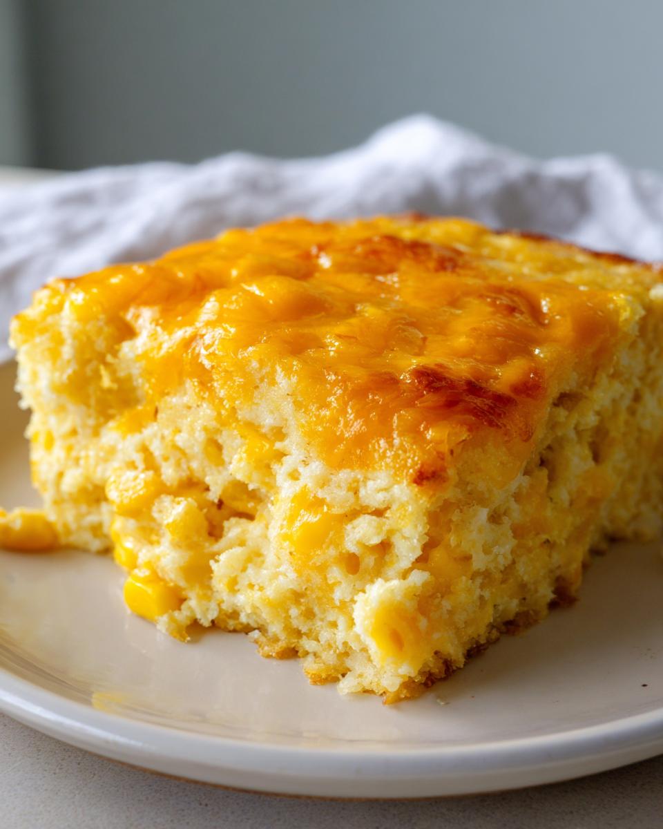 A close-up of a serving of moist cream cheese corn casserole topped with melted, golden cheddar cheese.
