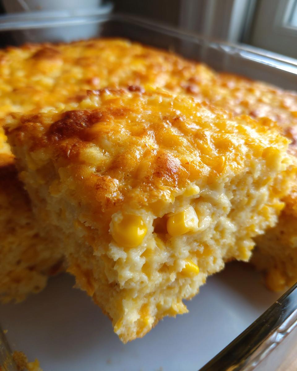 Close-up of a moist slice of cream cheese corn casserole showing whole corn kernels and a golden, cheesy baked top.