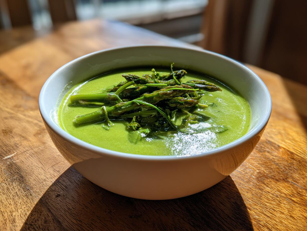 A vibrant green bowl of creamy asparagus soup topped with roasted asparagus tips.