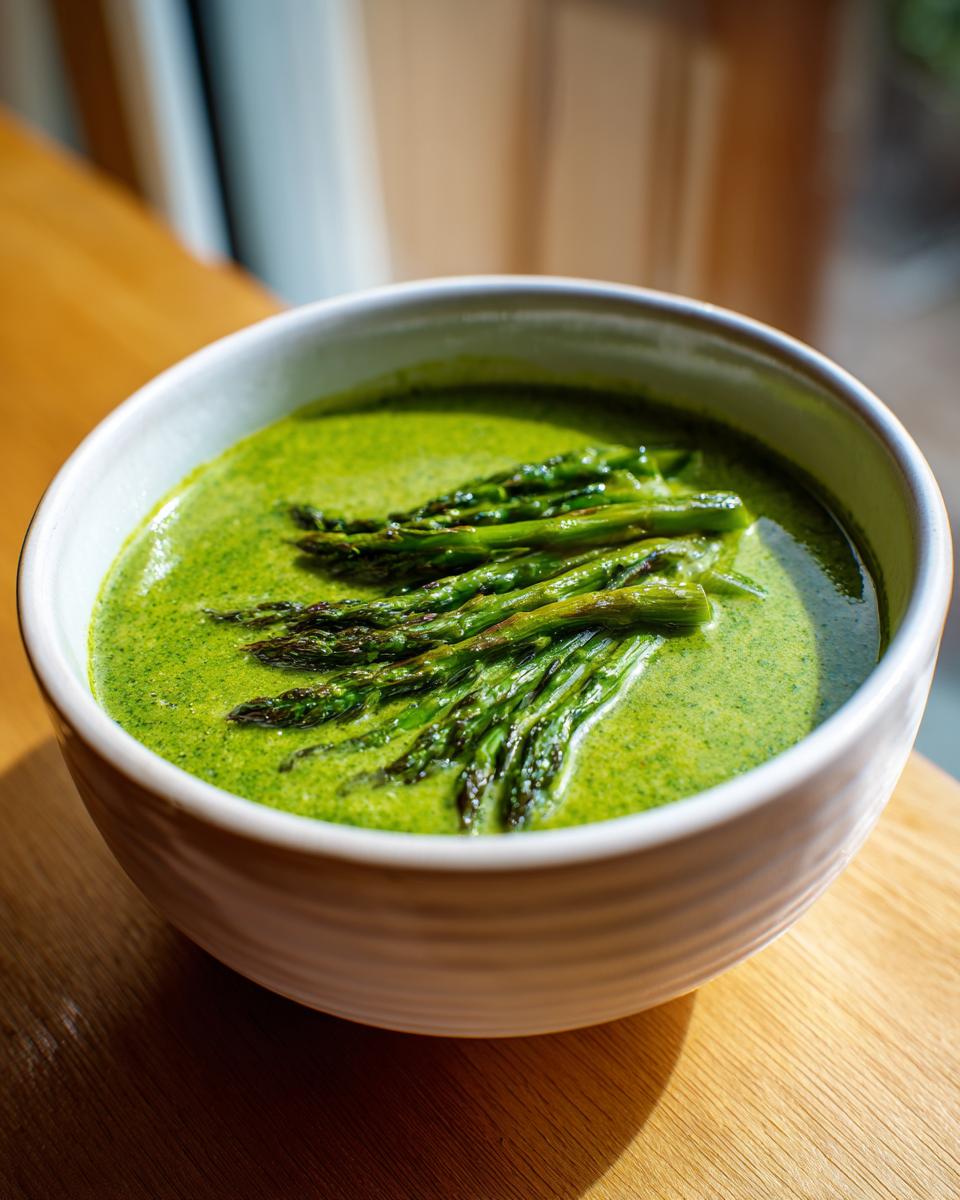 A vibrant green bowl of creamy asparagus soup topped with roasted asparagus spears.