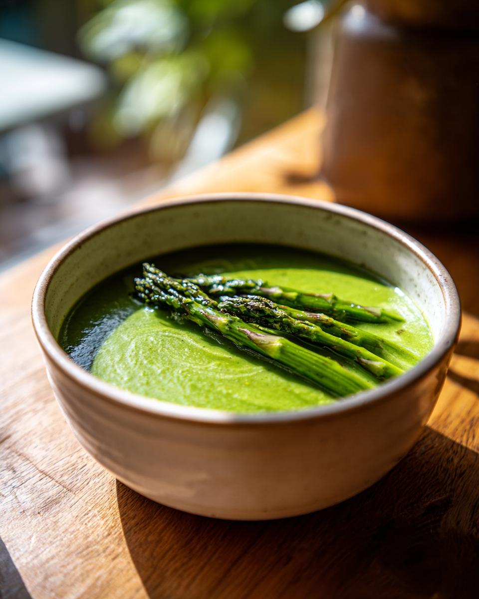 Close-up of vibrant green creamy asparagus soup topped with three roasted asparagus spears.