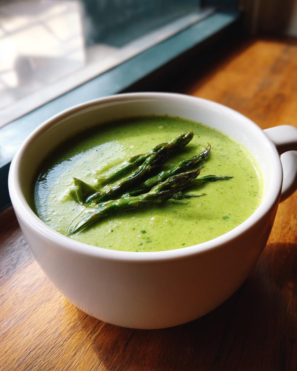 A close-up of creamy, bright green asparagus soup topped with roasted asparagus spears in a white mug.