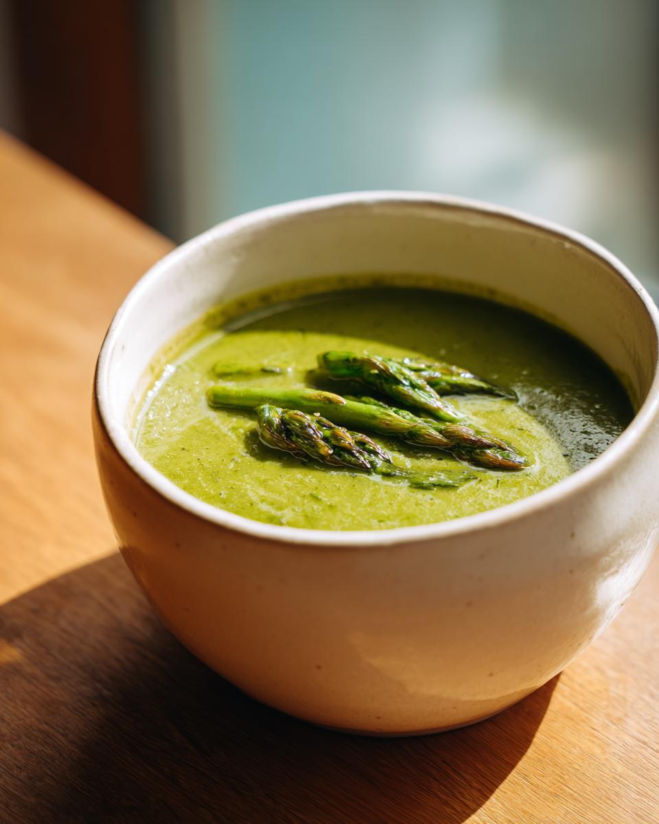 Close-up of creamy green asparagus soup garnished with roasted asparagus tips in a light ceramic bowl.