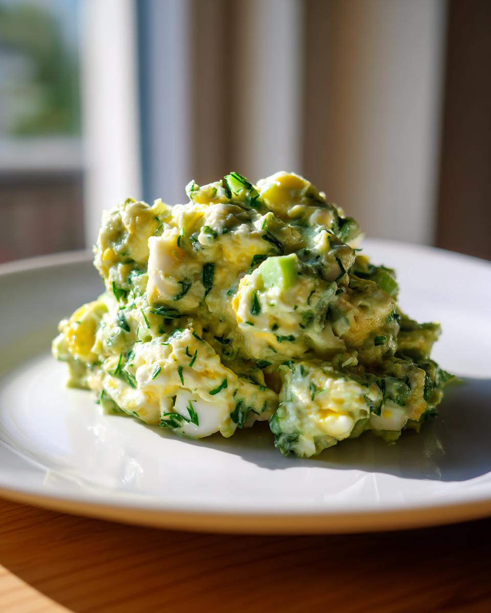 A mound of creamy avocado egg salad mixed with chopped herbs served on a white plate.