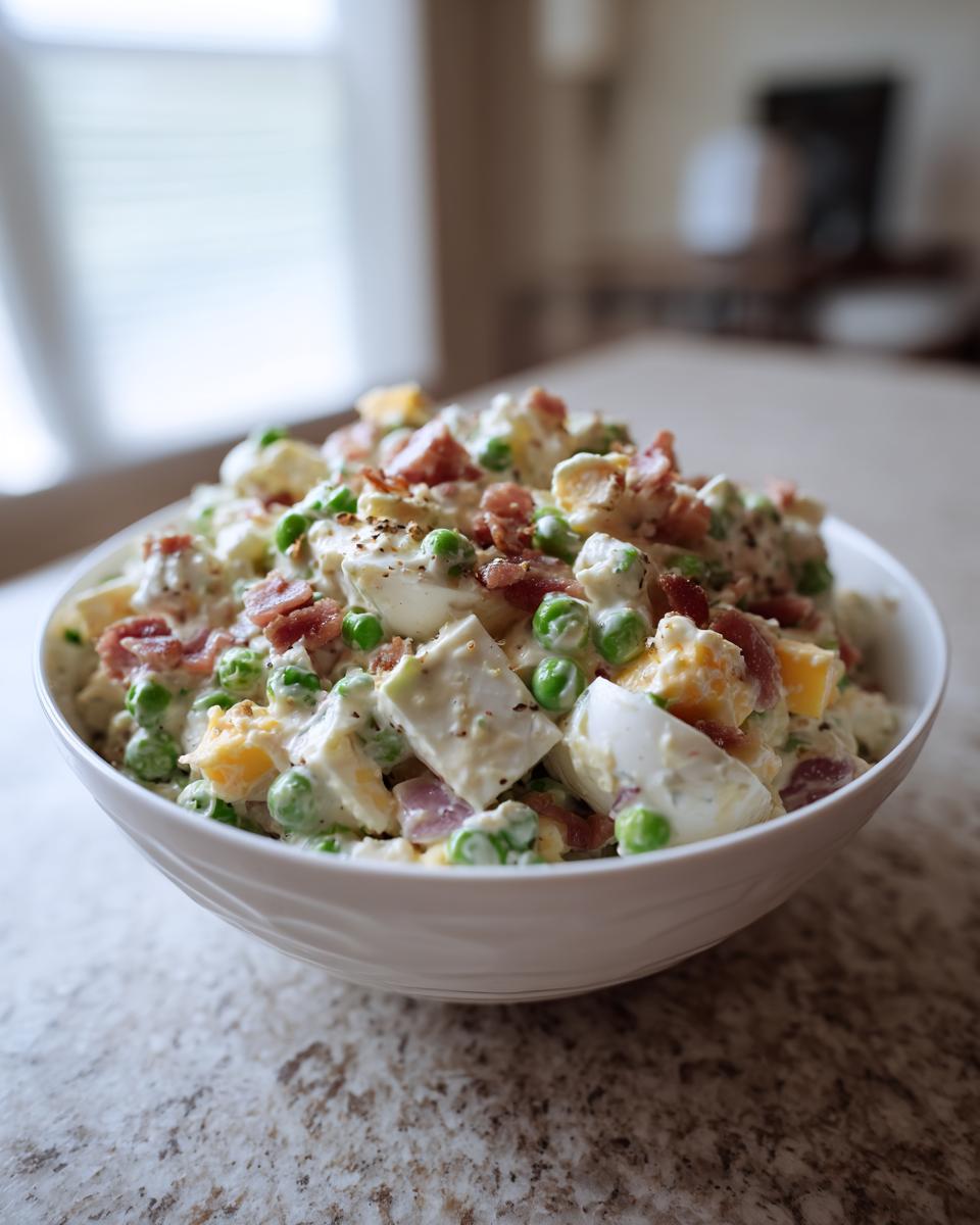A close-up of creamy pea salad mixed with bacon, hard-boiled eggs, and seasoning in a white bowl.