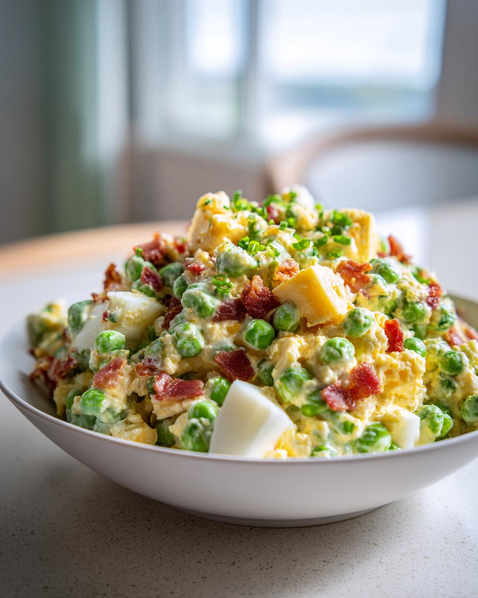 A close-up of creamy pea salad mixed with bacon bits and hard-boiled eggs, garnished with cheese and chives.