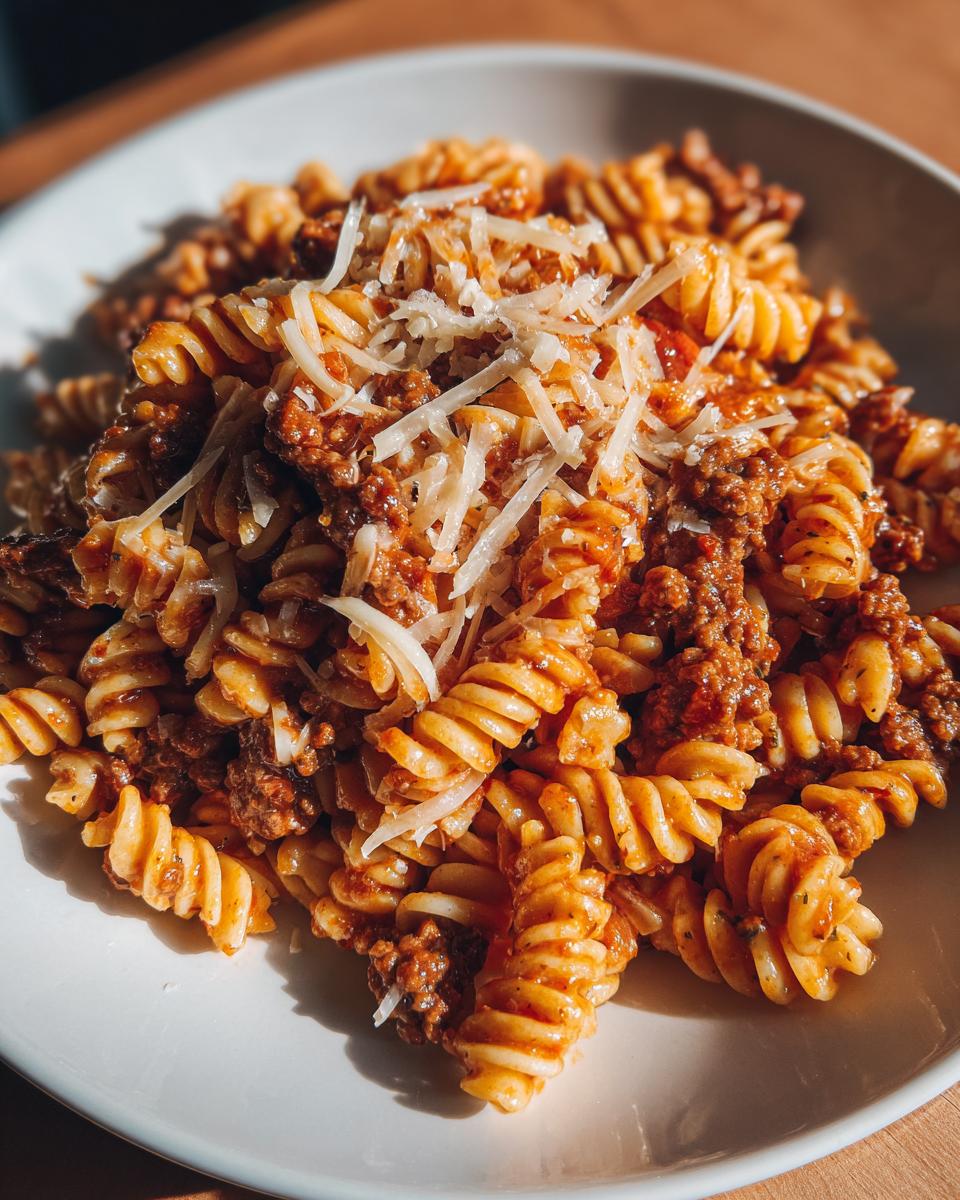 Close-up of a bowl of creamy beef pasta made with fusilli noodles and topped with shredded Parmesan cheese.