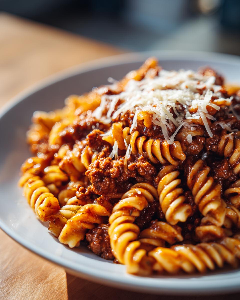Close-up of creamy beef pasta made with fusilli noodles, rich meat sauce, and topped with grated Parmesan cheese.